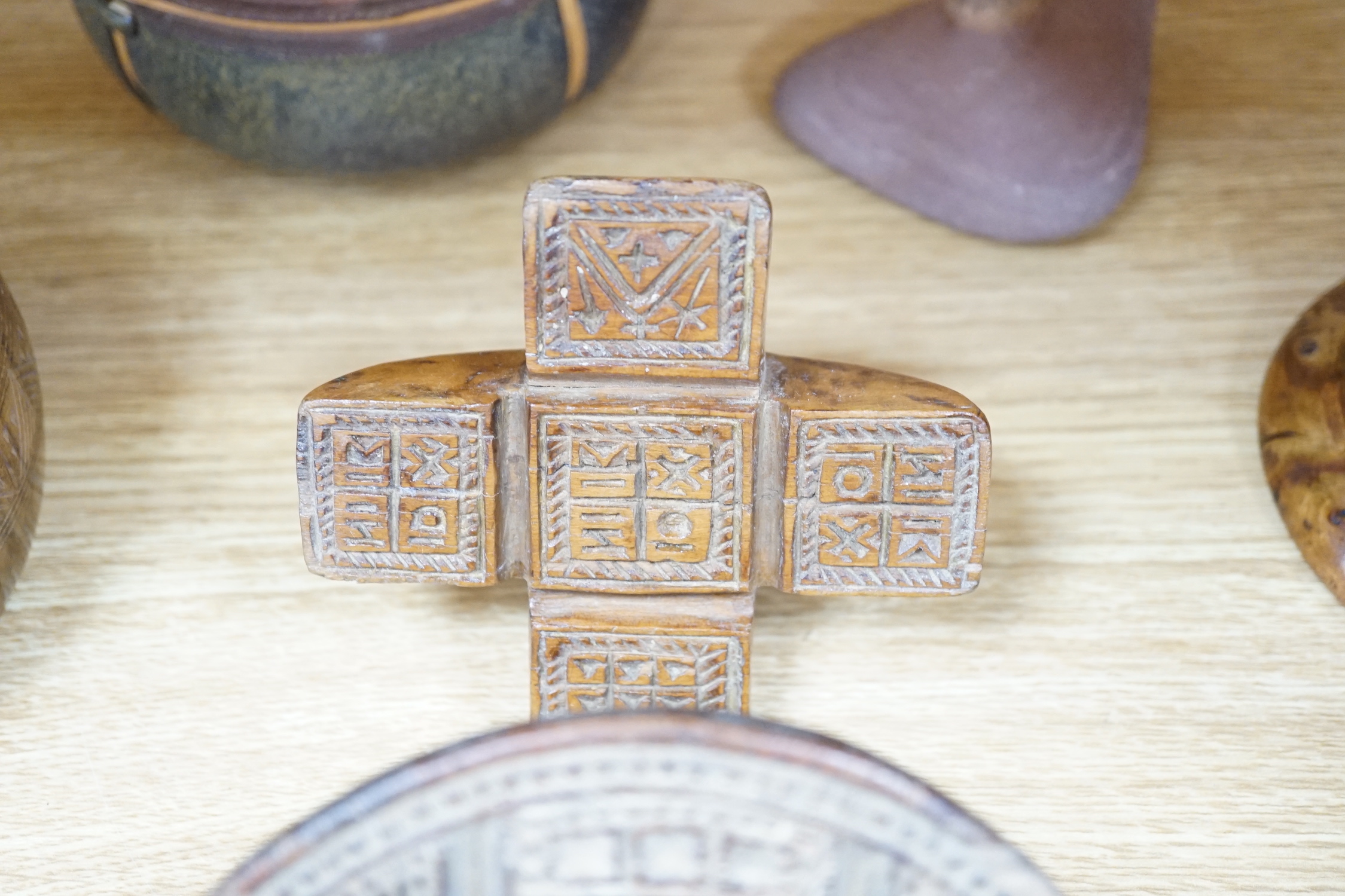 An 18th century oak salt/herb box, a collection of treen boxes, wood block and a pottery box and stone (10), salt box 31cms high